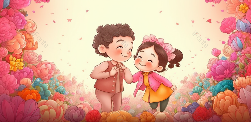 可爱女孩男孩粉色温馨花卉背景插画,插画/手绘图,插画/手绘图库,插画/手绘图下载,插画/手绘